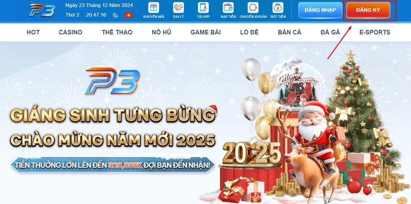Hướng dẫn đăng ký P3 đơn giản, nhanh chóng, dễ thực hiện 1 Truy cập trang chủ nhà cái và bấm nút "Đăng ký"