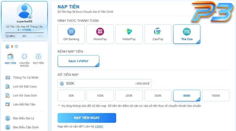 Hướng dẫn nạp tiền P3 dành cho người mới tham gia cá cược 9 Nạp tiền vào P3 bằng thẻ cào cực kỳ tiện lợi
