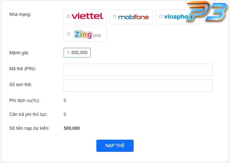 Hướng dẫn nạp tiền P3 dành cho người mới tham gia cá cược 10 Bạn có thể thanh toán bằng 4 loại thẻ cào khác nhau
