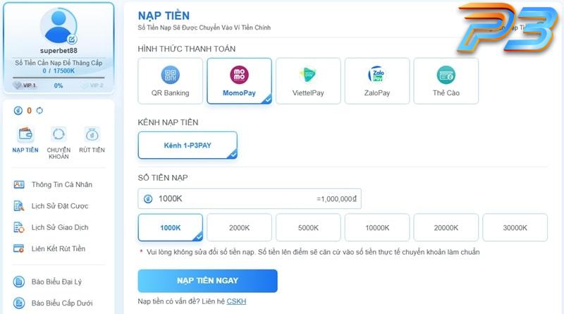 Hướng dẫn nạp tiền P3 dành cho người mới tham gia cá cược 3 Nạp tiền vào tài khoản P3 với ví Momo