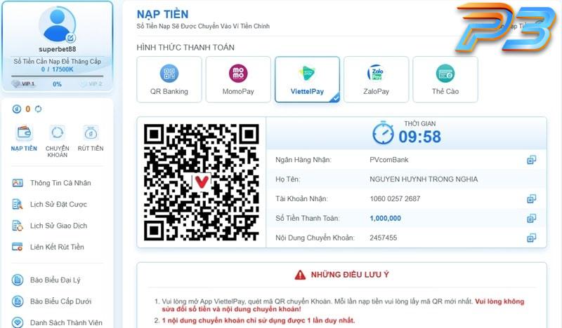Hướng dẫn nạp tiền P3 dành cho người mới tham gia cá cược 6 Đăng nhập ví ViettelPay để quét mã QR thanh toán