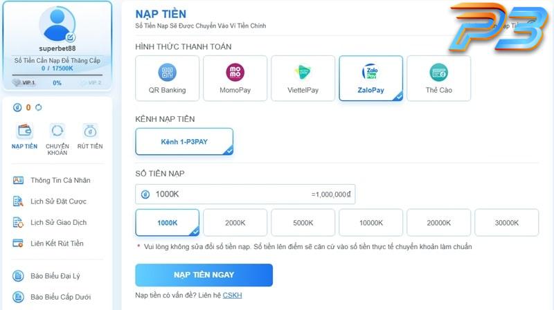 Hướng dẫn nạp tiền P3 dành cho người mới tham gia cá cược 7 Nạp tiền P3 với Zalopay cực kỳ đơn giản