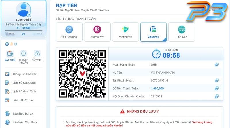 Hướng dẫn nạp tiền P3 dành cho người mới tham gia cá cược 8 Quét mã QR bằng ví ZaloPay để thanh toán
