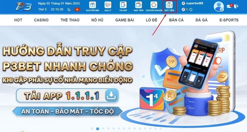 Hướng dẫn cách rút tiền P3 nhanh chóng, an toàn, bảo mật 1 Chọn chức năng rút tiền sau khi đăng nhập tài khoản P3